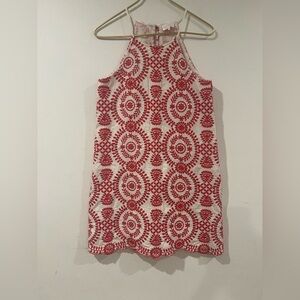 Entro White Dress Red Embroidery, lined, scalloped Hem, s NWOT